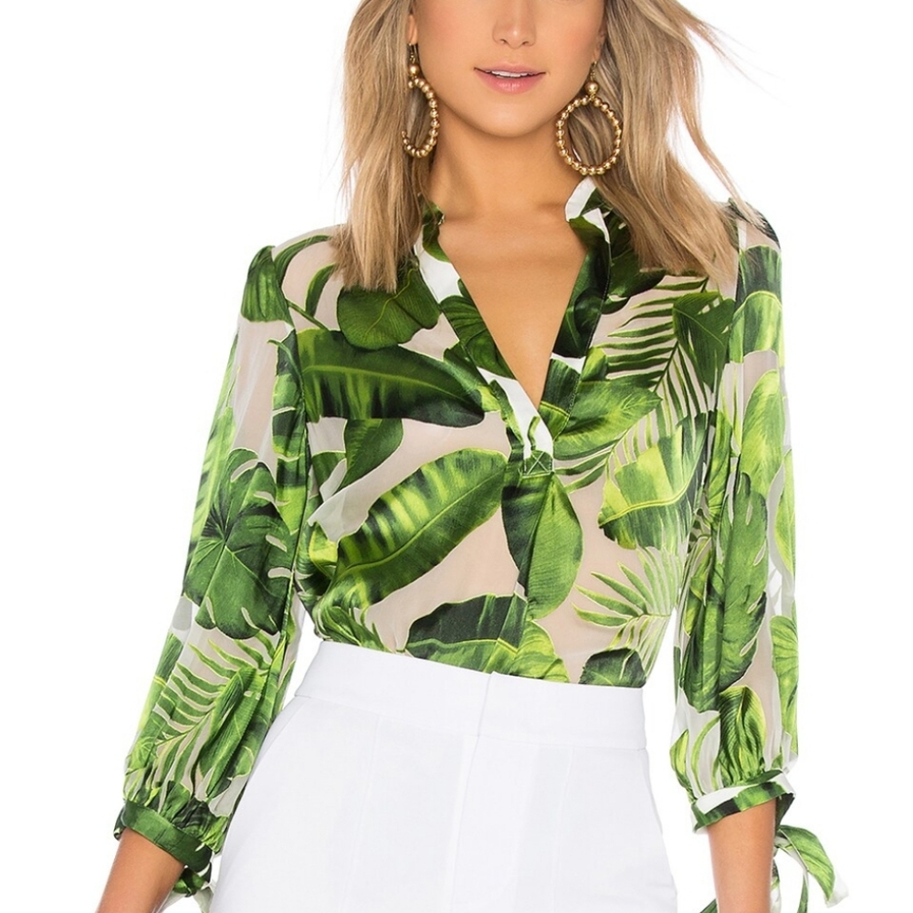 Alice+Olivia Green Leaf Print Women's Top Size L